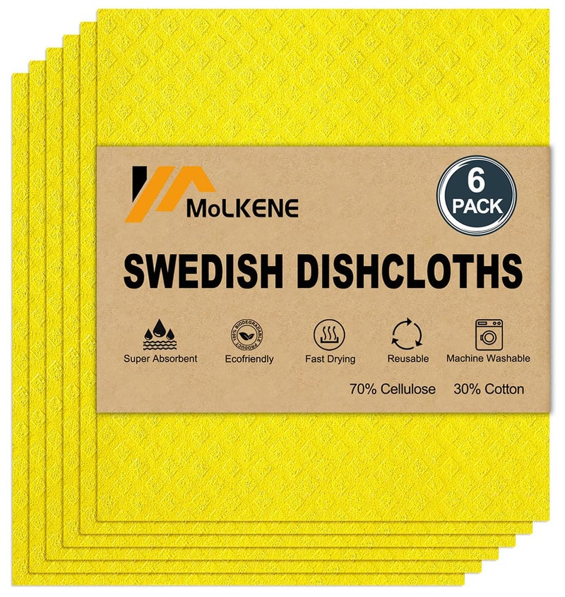 MoLKENE Swedish Dishcloths for Kitchen | 6 Pack Absorbent Cellulose Sponge Cloths Washable | Non-Scratch Reusable Paper Towels Quick Drying Cleaning Cloths - Yellow - Image 1